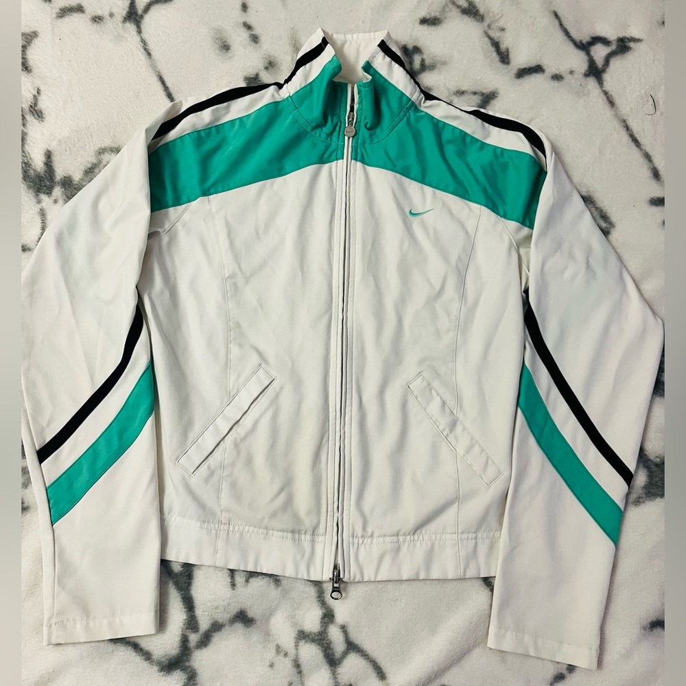 Nike White and Teal Track Jacket with Black Accents